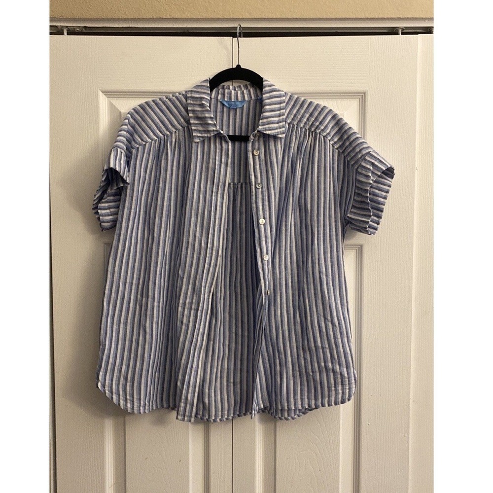 Draper James RSVP Striped Button Down Womens Size XS Blue White Linen Cotton Top